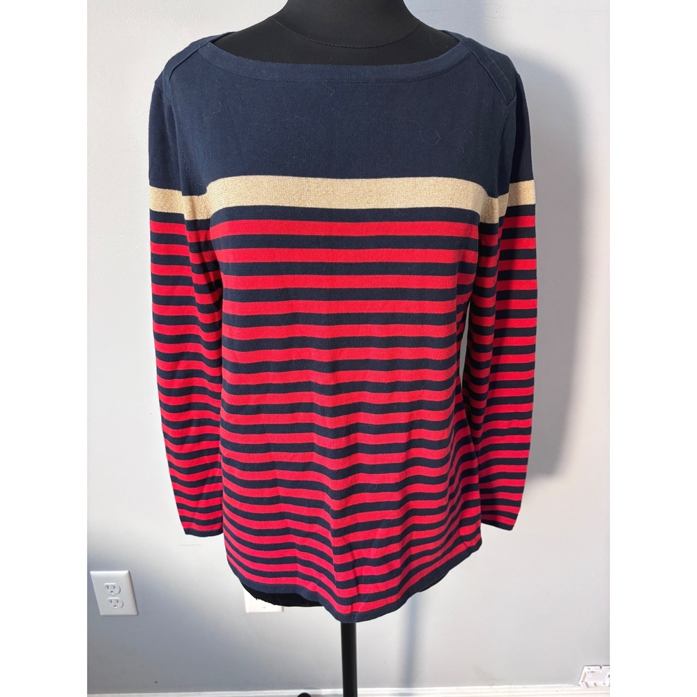 Tommy Hilfiger Striped Sweater Knit Top, Women's Medium, Cotton,โ Red Blue gold